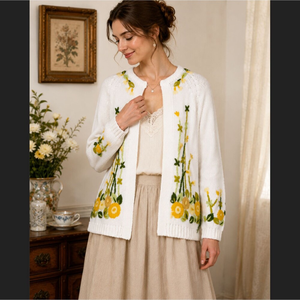 Handmade Embroidered Floral Cardigan Sweater S M Cottagecore Boho White Granny